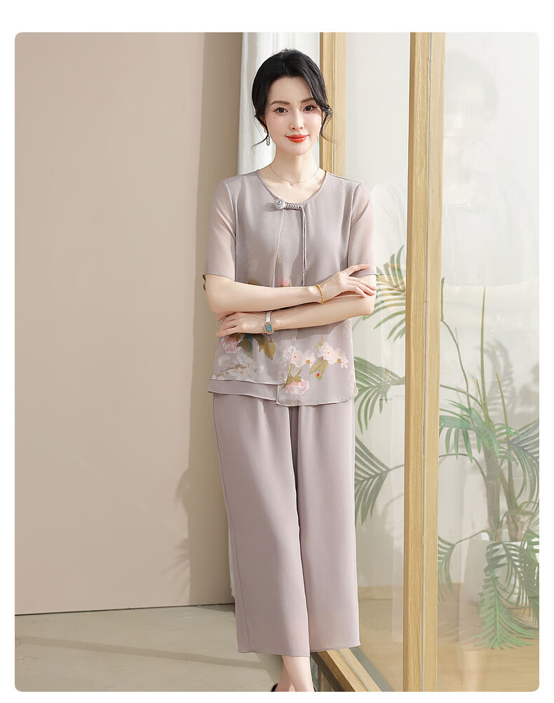 Hengyuanxiang Mother's Day Gift Practical Summer Chiffon Short Sleeve Suit for Mom, Stylish Middle-aged and Elderly Women's Clothing for 50s and 60s 7