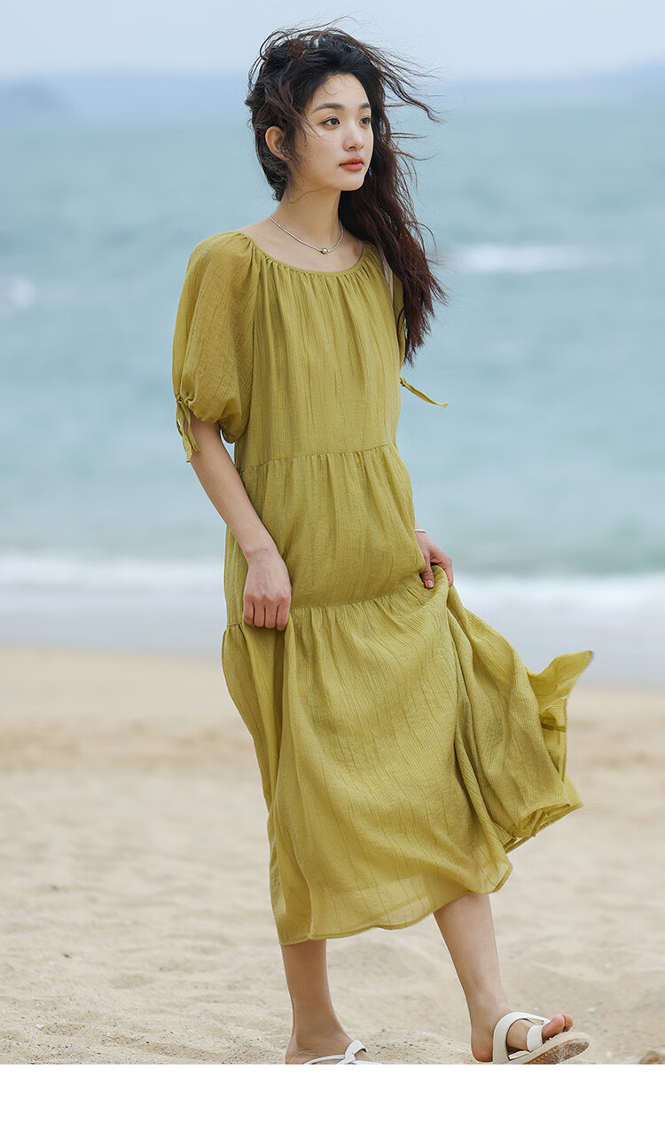 Dme Relaxed Fit Round Neck Long Dress Summer Vacation Fabric Textured Sleeve Cuff Drawstring Design Dress 12