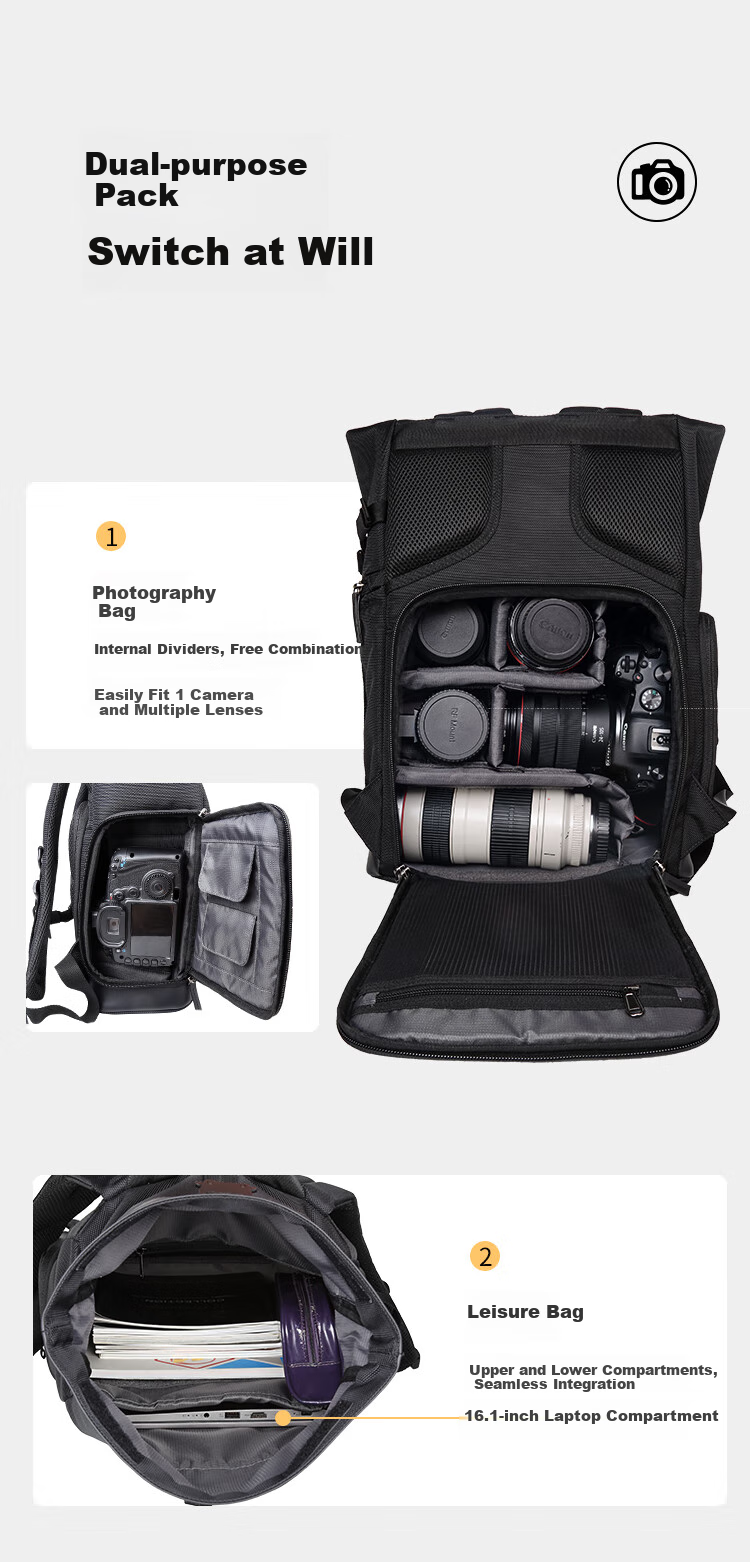 Pulewei Camera Backpack, Multifunctional Professional DSLR Photography Bag, Outdoor Hiking Large Capacity Portable Multifunctional Lens Backpack 5