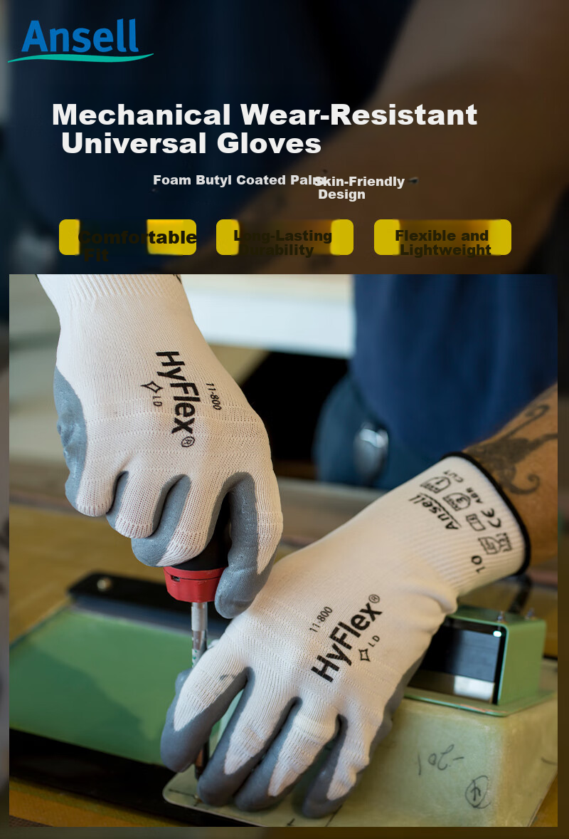 Ansell Comfortable Protective Gloves with Nitrile Foam Coating, Non-Slip, Wear-Resistant, Tear-Resistant Mechanical Maintenance Work Gloves 11-800 (1 Pair) 8/M 1