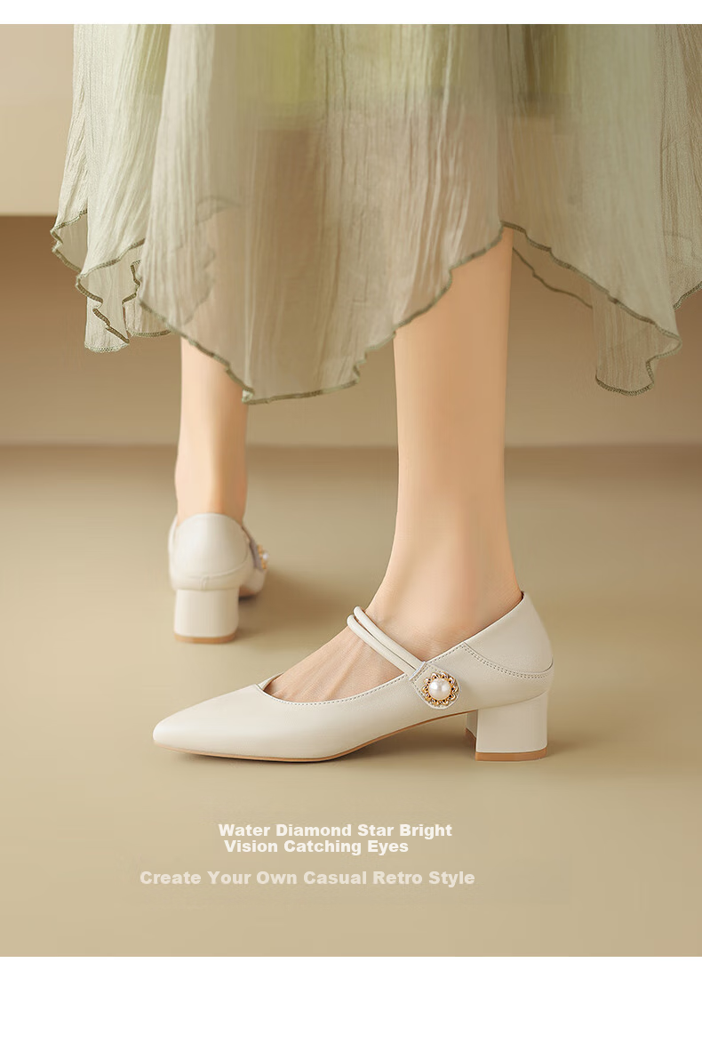 ZHR Mary Jane Shoes for Women, Elegant Pointed Toe Chunky Heel Leather Shoes, Slip-On Commuter Dual-Wear Women's Shoes BL267 Beige 38 6