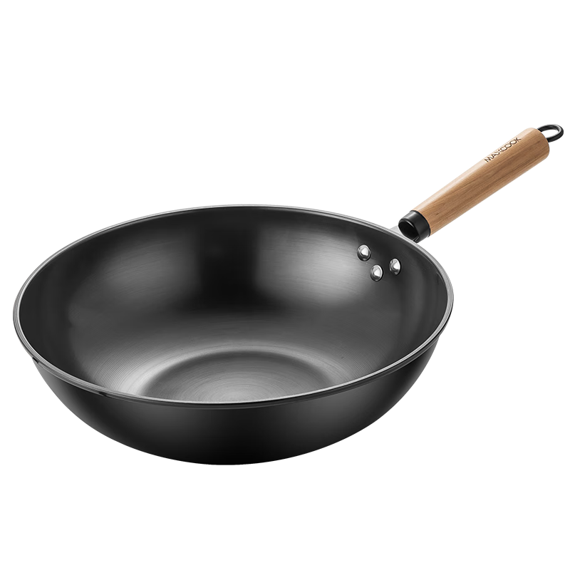 MAXCOOK Wok Iron Pan, 30cm Non-Coated Pure Iron Stir-Fry Pan, Nitrided, Compatible with Gas And Induction Cooktops, MCC5332