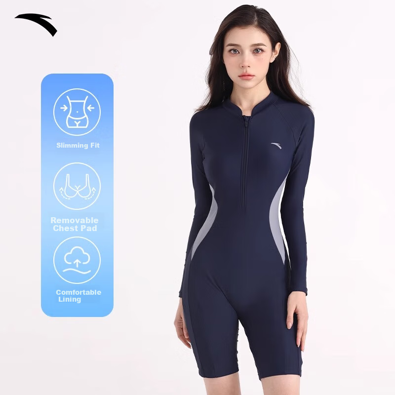 ANTA Slim Waist One-Piece Swimsuit for Women, Long Sleeve Surfing And Diving Suit, Slimming Conservative Swimwear, Navy Blue, Size L