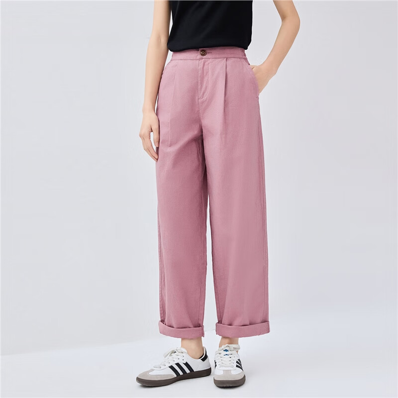 Giordano Women's Linen Pants, New Style Cotton And Linen Artistic Pleated Casual Trousers with Elastic Waist, 13415222