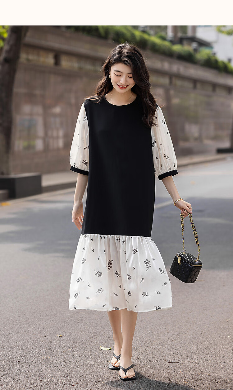 Demana [Smooth 80D Slub] Summer Elegant Loose Waist Ruffle Hem Printed Colorblock Women's Dress 17