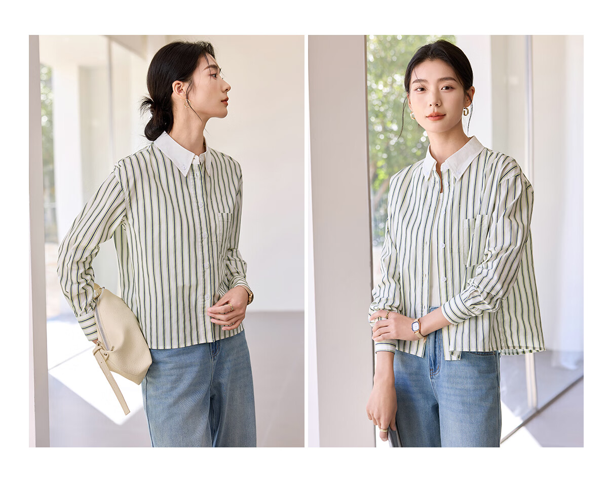 Chushen Women's Long-Sleeve Shirt, Contrasting Color Lapel, Classic Striped Short Casual Commuter Pure Cotton Blouse S51S043 18