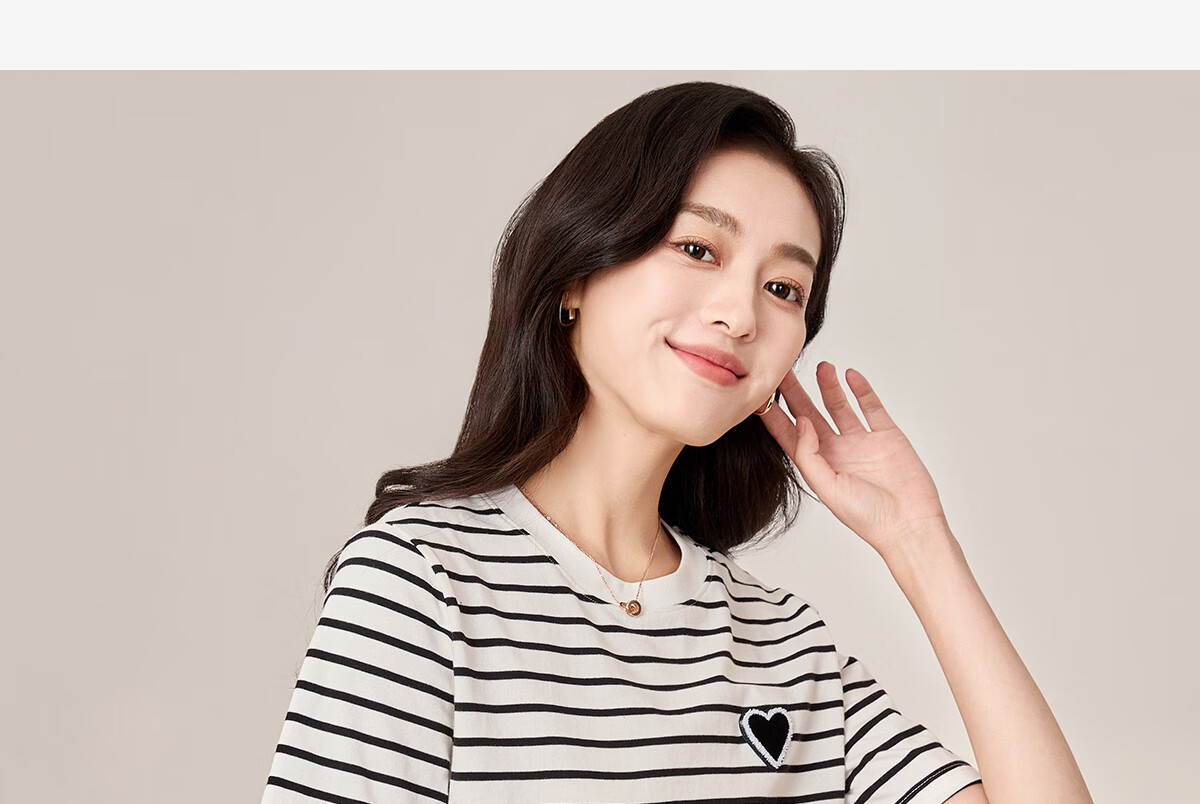 Chushen Summer Short-Sleeve T-Shirt for Women, Fashionable Versatile Round Neck Heart Logo Striped Pure Cotton Half-Sleeve Top S13KT1172 2