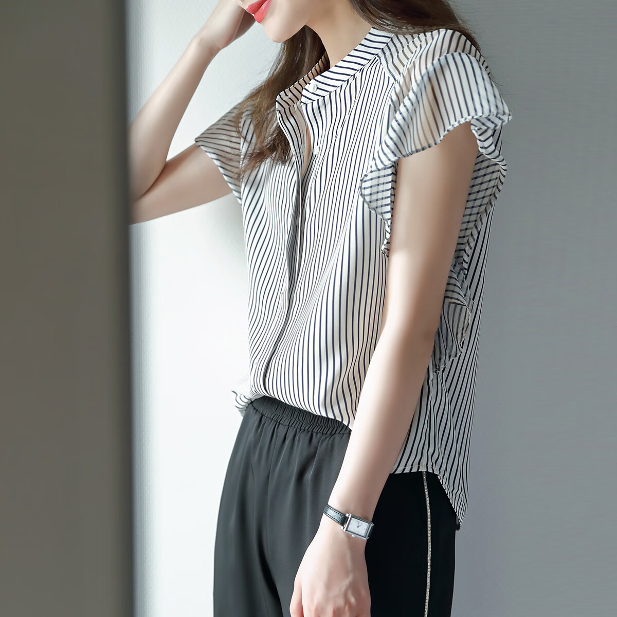 Dme [Half-Transparent Patchwork] Summer Chiffon Spliced Chiffon Pleated H-Shaped Ruffle Blouse for Wome 4