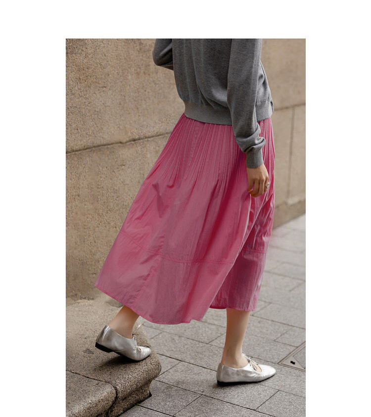 Dme [Lingdong Muxi] Spring French Cloud-Feel Cotton Elastic Waist Pleated A-Line Breathable Midi Skirt for Wome 7