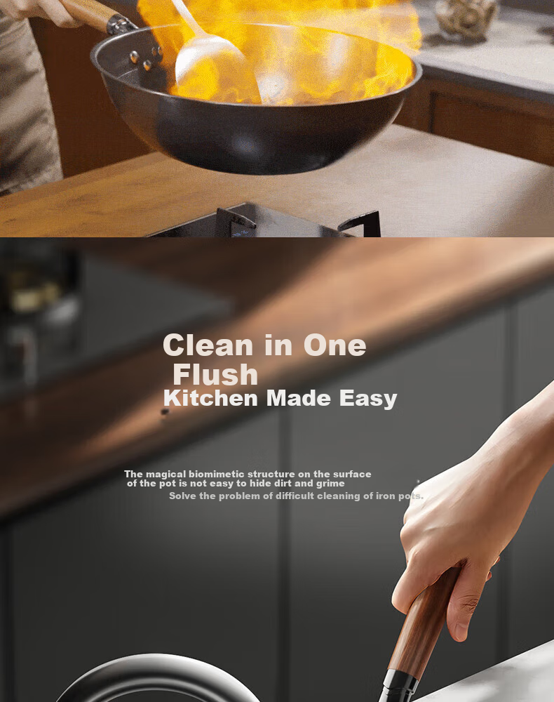 KOBACH Non-Stick Wok, Bionic Iron Pan without Coating, Household Flat-Bottom Frying Pan, Universal 0-Coated No-Scorching 32cm 10