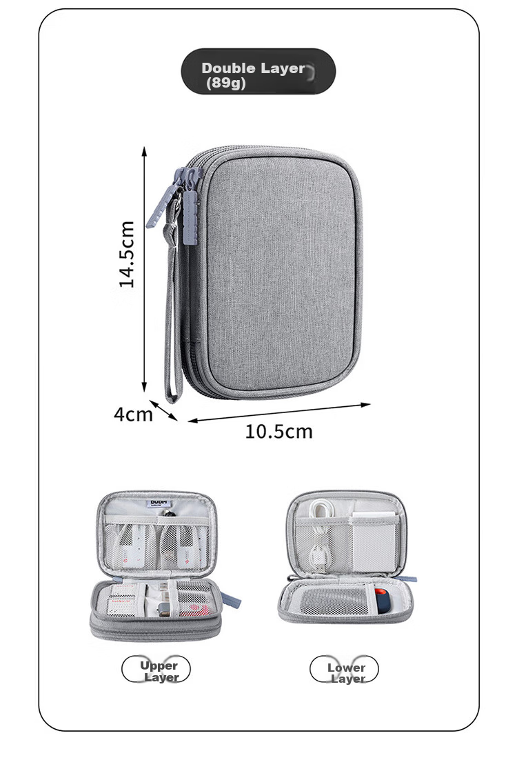 BUBM 2.5-Inch Portable Hard Drive Enclosure, Multifunctional Cable Storage Case, USB Drive Phone U-Dong Power Bank Earphone Protective Cover, Digital Accessory Storage Bag, Gray Single Layer 12