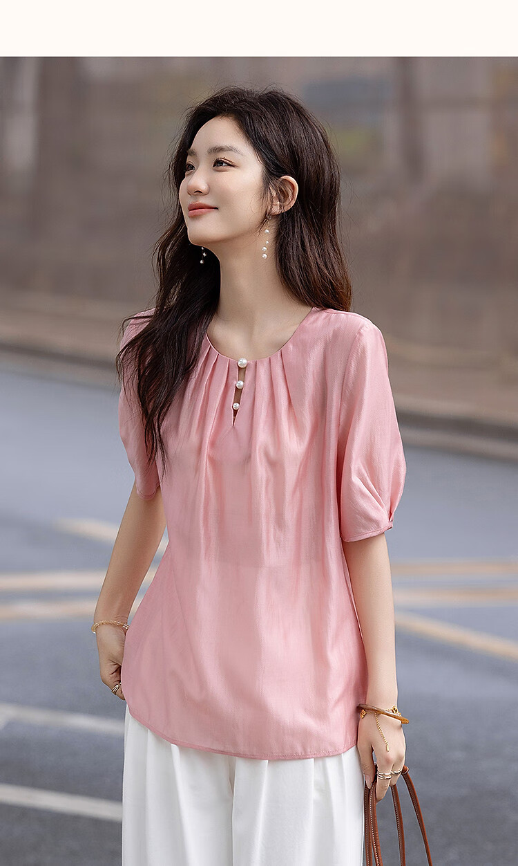 Dme [Selected Lyocell], Summer Pearl Decorated Round Neck Drip Button Shirt, Flowing Short-Sleeve Blouse, Women's Top 18