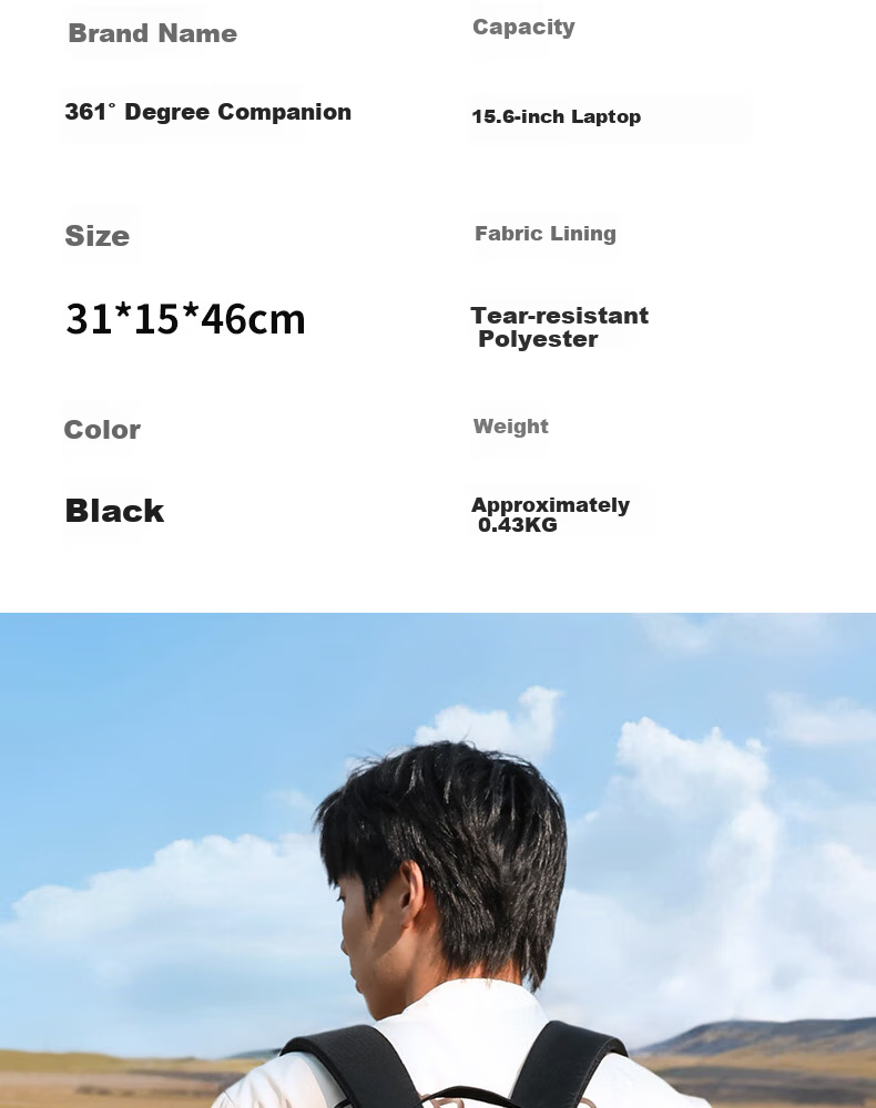 361° Men's Backpack, Commuter Business Backpack, Large Capacity, Lightweight, Waterproof, for Business Trips And Travel, Laptop Bag, Black 14