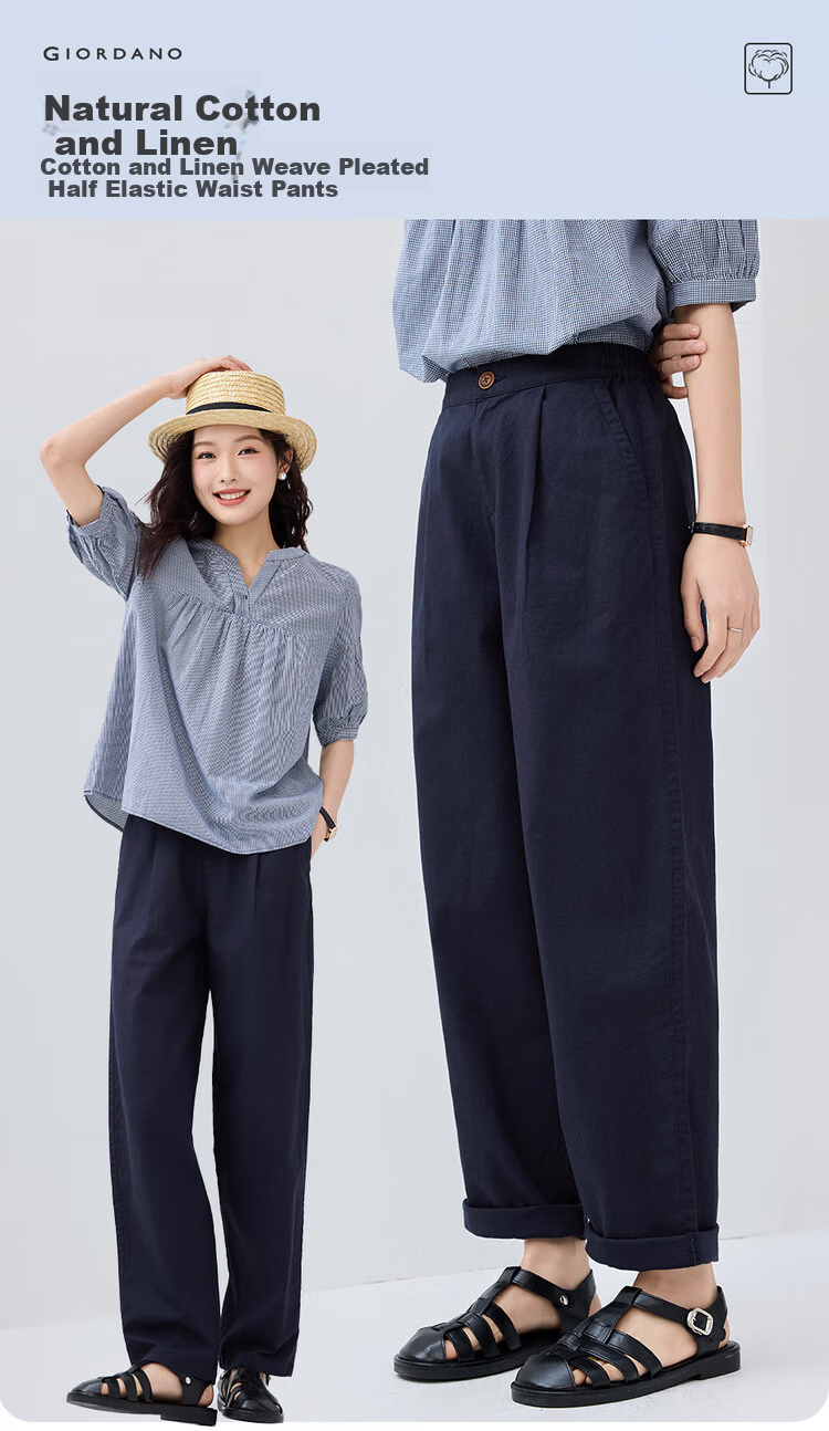 Giordano Women's Linen Pants, New Style Cotton And Linen Artistic Pleated Casual Trousers with Elastic Waist, 13415222 3