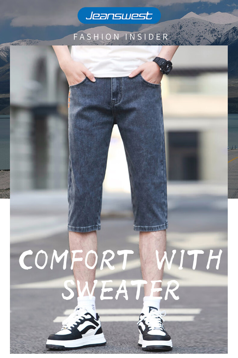 Jeanswest Men's 2026 Summer Lightweight Denim Shorts Fashion Casual Versatile Straight-Leg Cropped Pants Blue Gray 38 1