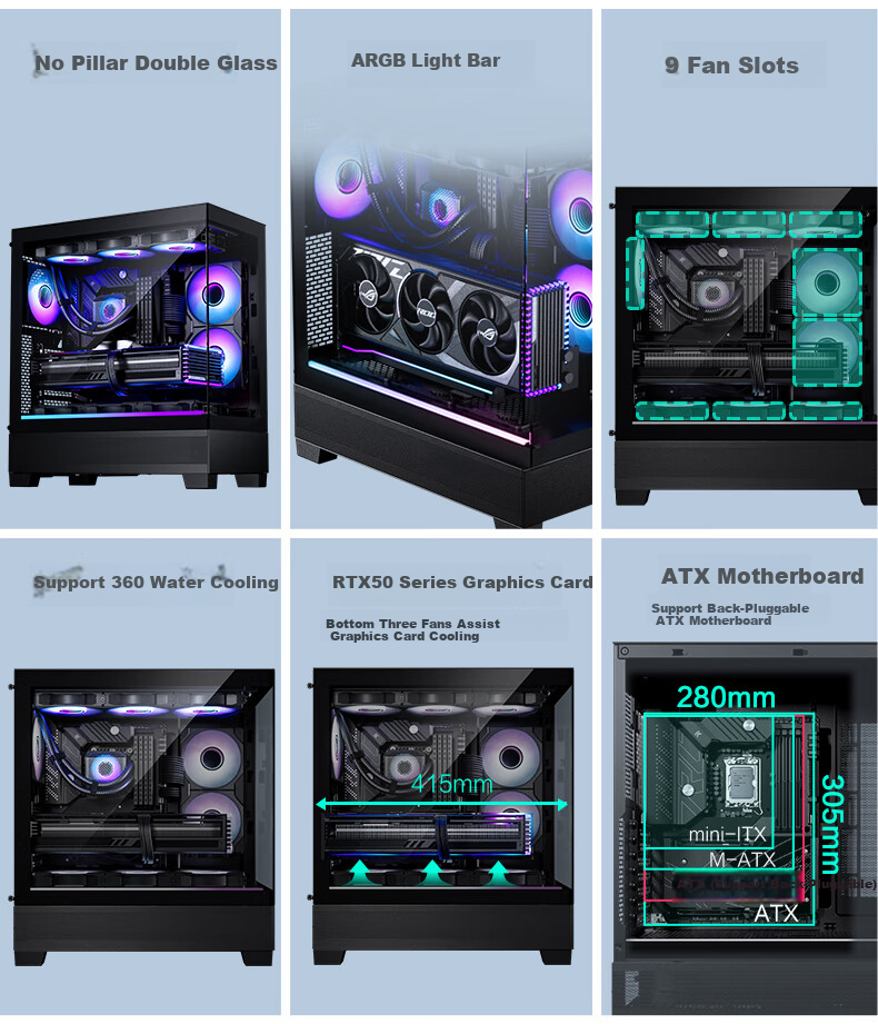 PHANTEKS XT523 View Black Sea View Tempered Glass Full View TX Motherboard Case for Desktop Computer (Side ARGB Light Strip/360mm Water Cooling Support/Type-C) 3