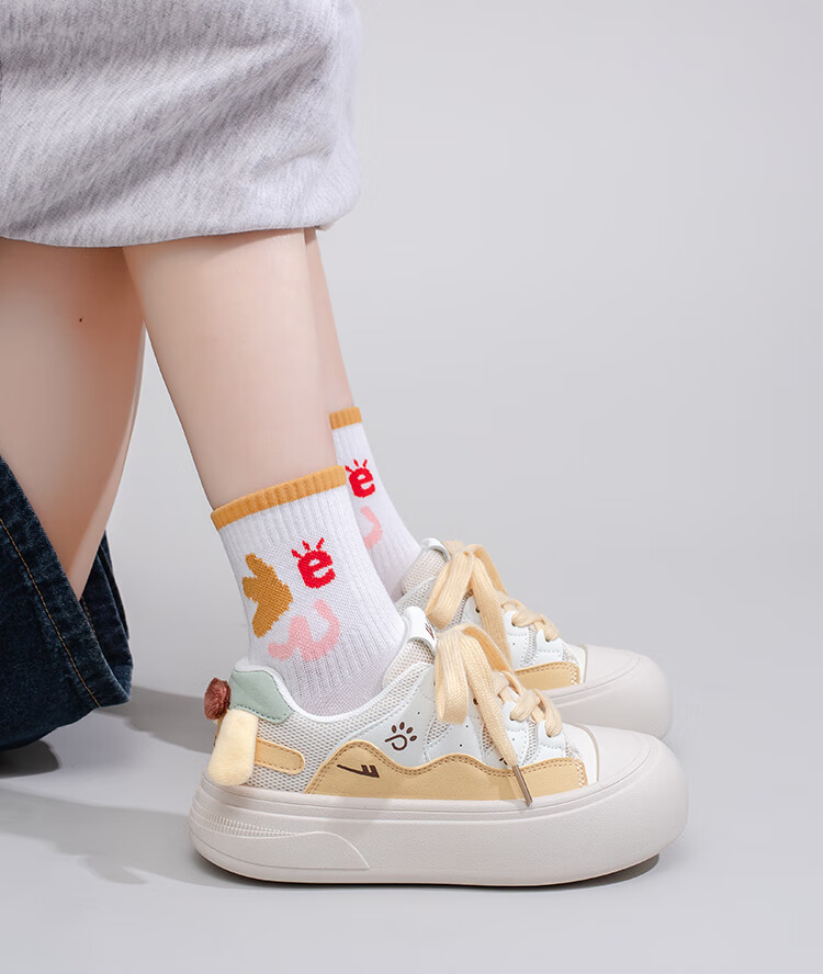 Warrior Women's Spring New Thick-Soled Casual White Sneakers 5022 Beige/Light Blue Size 35 10