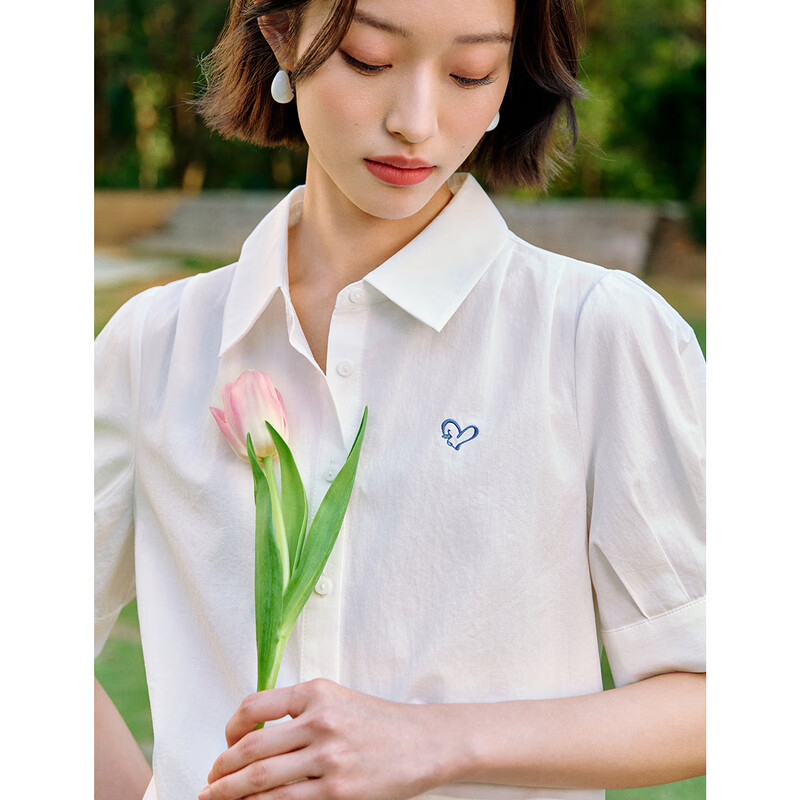 Inman Commuter Pleated Puff Sleeve 100% Cotton Shirt Summer Women's Turn-down Collar Embroidered Blouse Klein Blue S