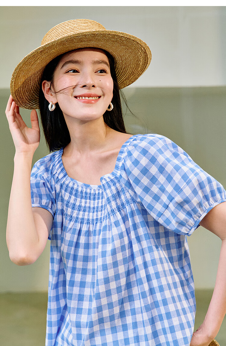Inman 100% Cotton Sweet Plaid Shirt 2026 Summer New Women's Slim Waist Pleated Blouse Light Blue Plaid L 14