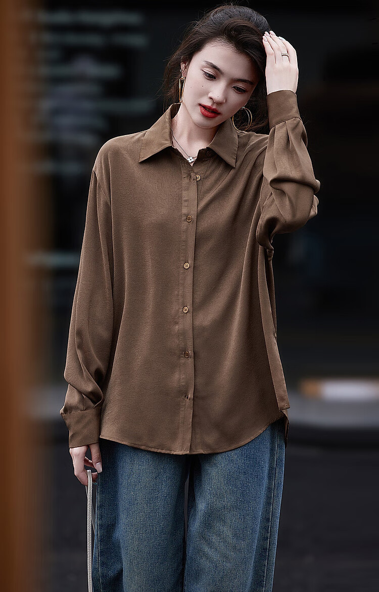 Dme [Four Seasons Wear] Spring Simple Style Commuter Shirt POLO Collar Wrinkled Shiny Texture Blouse Women's Top 14