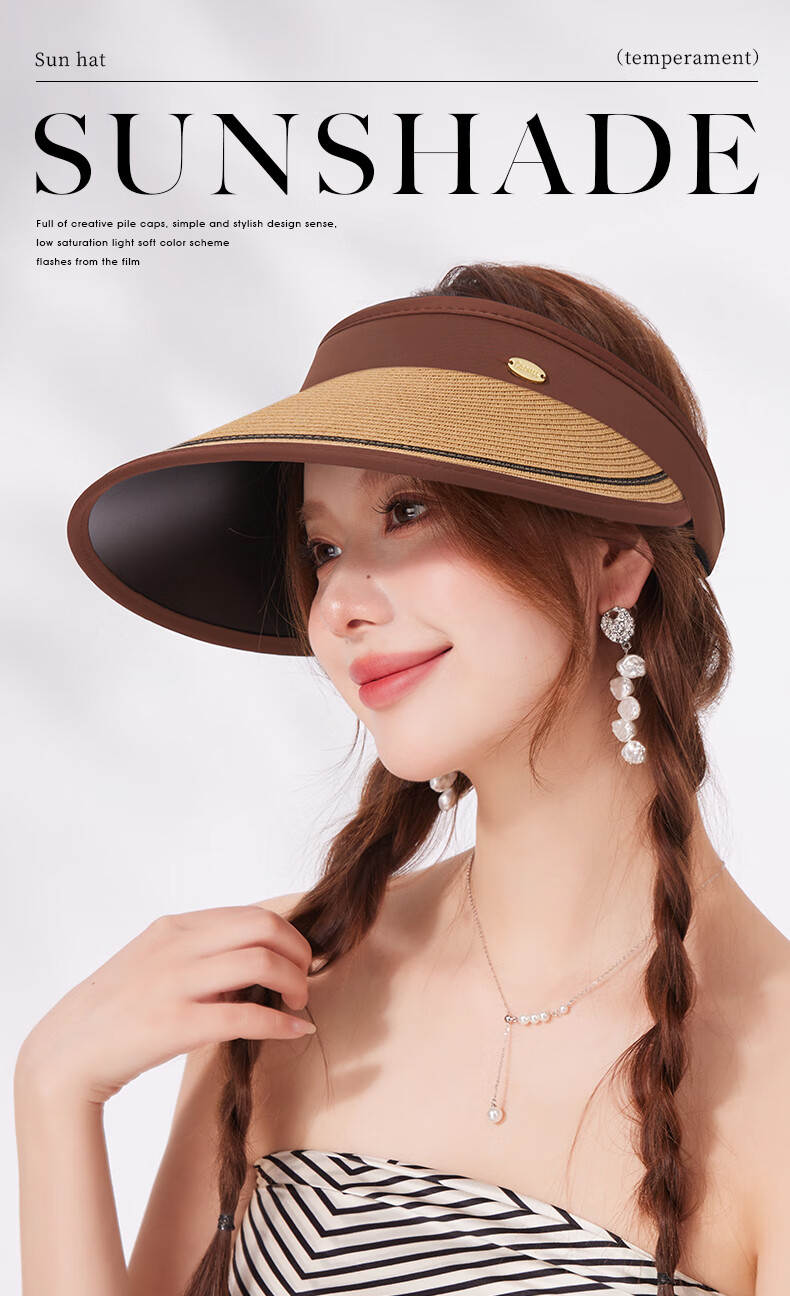 CACUSS Women's Summer Straw Sun Hat with Open Top, Wide Brim, Fashionable Floral Ribbon, Face-Slimming Sun Hat, Huaxin Coffee Color 1