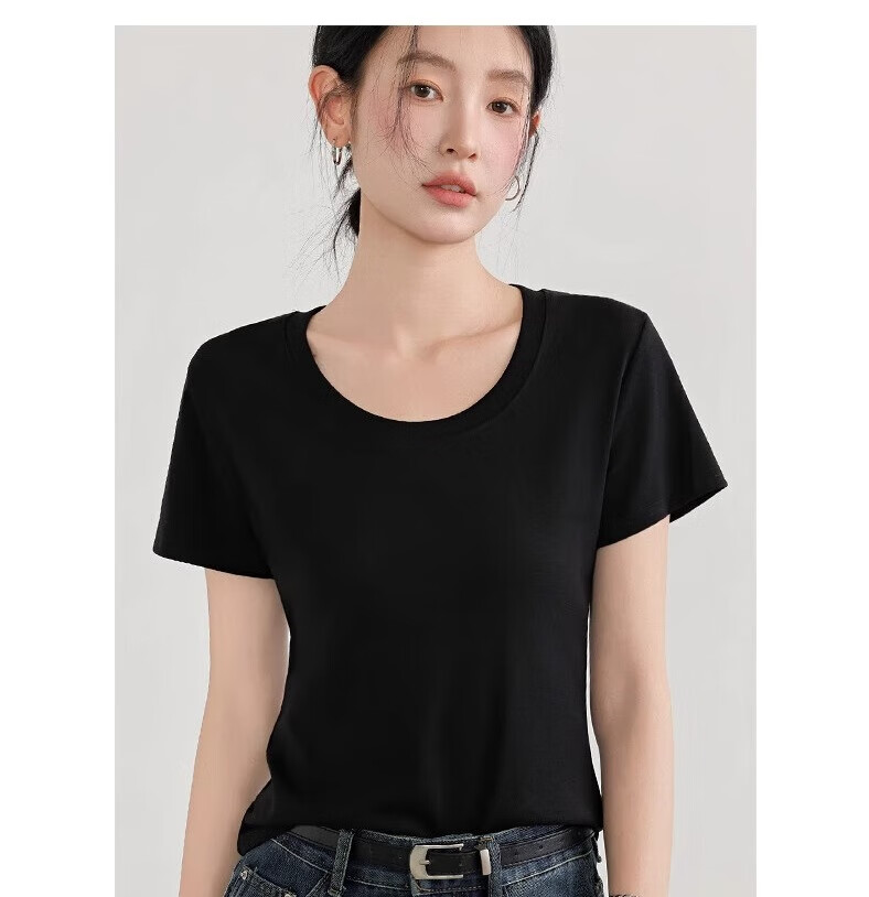 Woodpecker Solid Color Short Sleeve Women's T-Shirt 2025 Summer New Round Neck Regular Shoulder Fashion Casual Versatile Top Black M 8