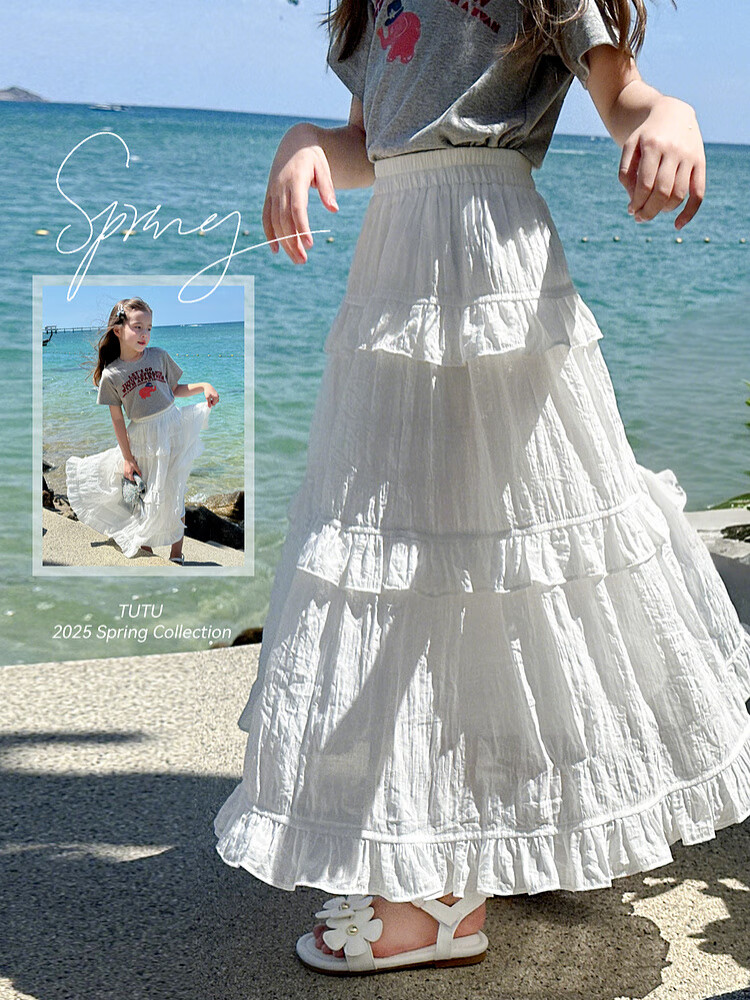 Tutuxiaoxiang Girls' A-Line Skirt, Children's High-Waisted Slimming Skirt, Stylish Puffy Skirt, White, Size 110, Height about 110cm 1