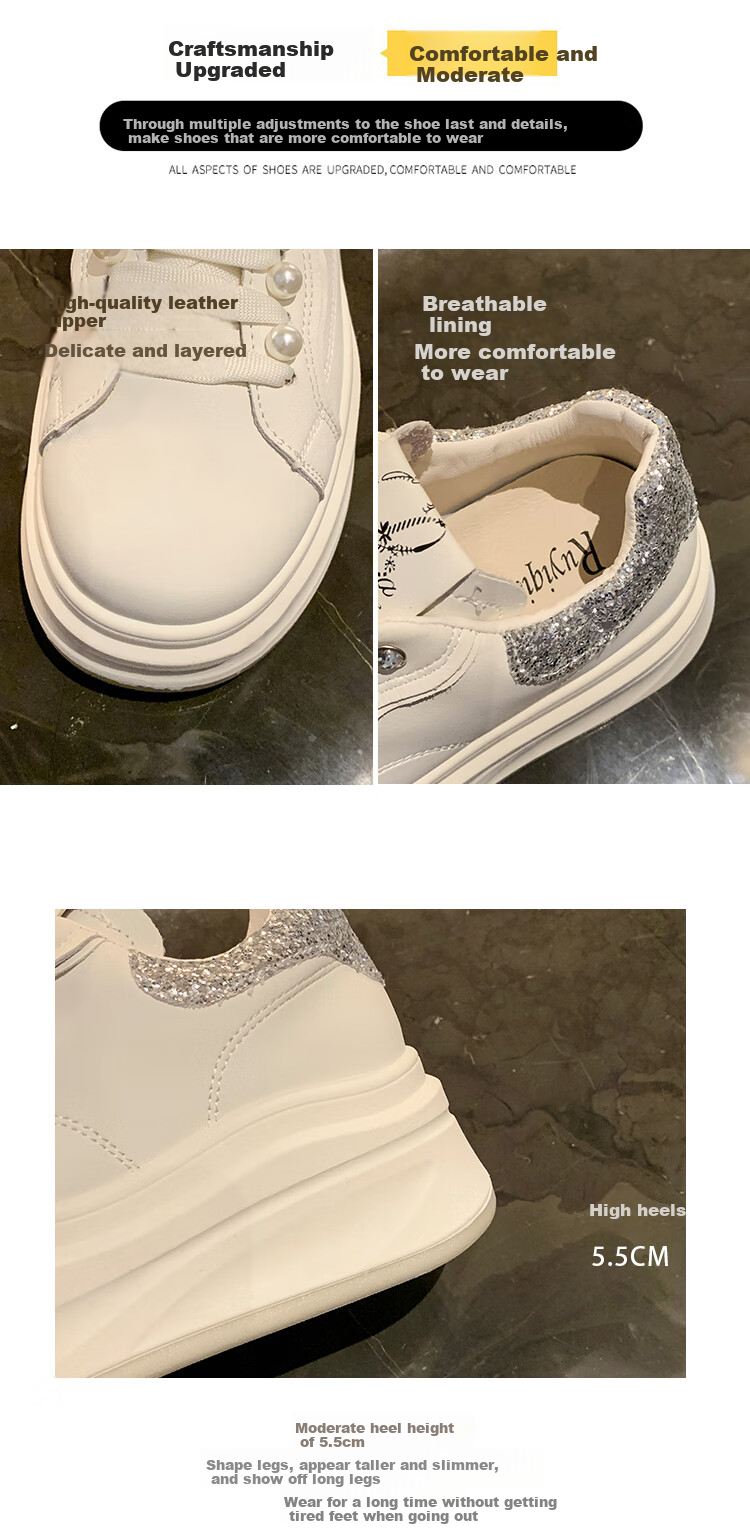 La Chapelle Women's Sneakers, Thick-Soled White Shoes, Versatile Pearl Lace-Up Sports White Shoes-JX005 Silver 39 4