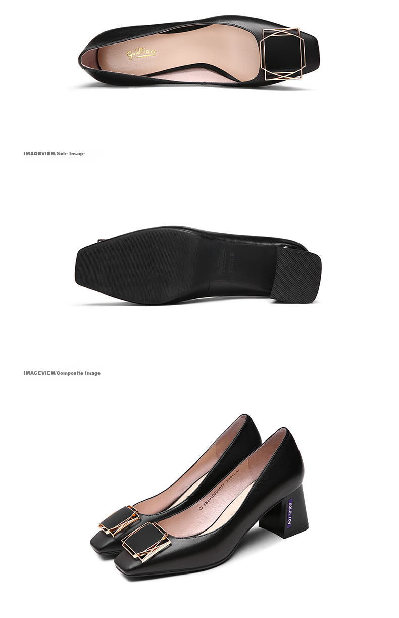 Goldlion Women's Square Toe Chunky High Heel Simple Metal Buckle Low-Cut Work Pumps 68291009601P - Black - Size 36 8