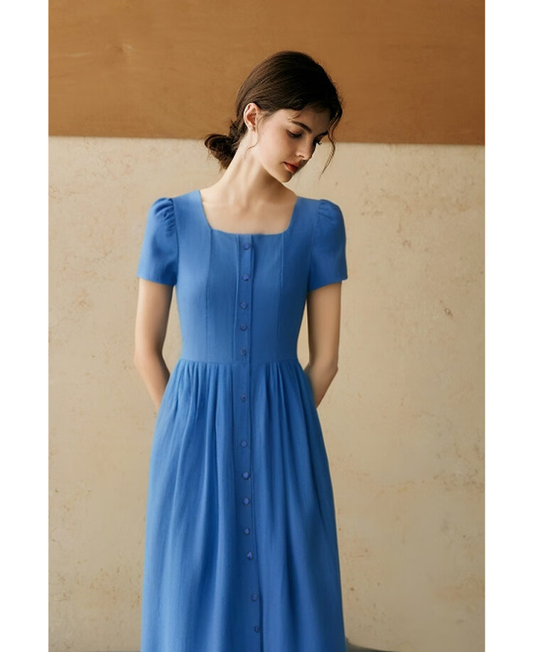 Olrain Eurielle Summer Women's Commuter Lyocell Dress Square Neck Waist Cinch Vacation Maxi Dress Klein Blue S 14