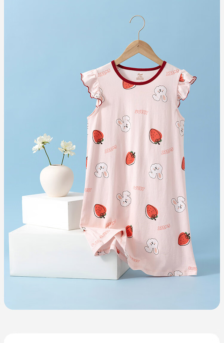 Dingguagua Girls' Nightgown Summer Children's Pure Cotton Pajamas Cute Home Wear Dress for Girls Pink 2 150 2