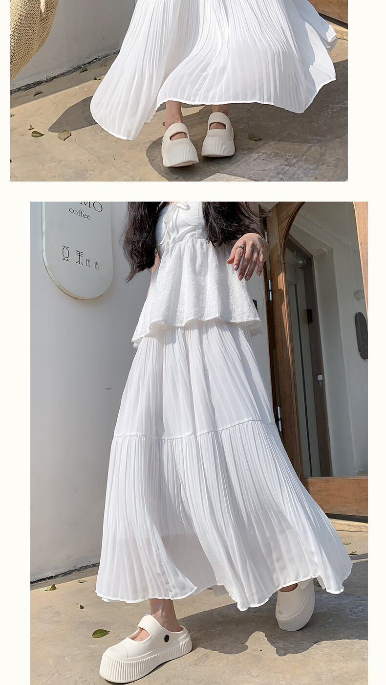 BOPRUIEY Pleated Chiffon Skirt for Women, Summer High-Waist Draping Gentle Elegant A-Line White Long Skirt 9