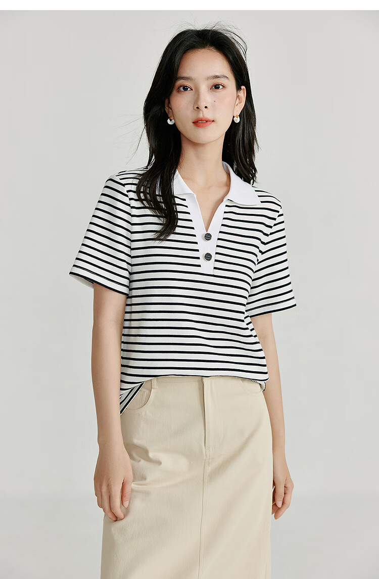 Inman Casual Striped Shoulder T-Shirt Summer Women's Design Polo Collar Slim Fit Short Sleeve Star Black XL 14