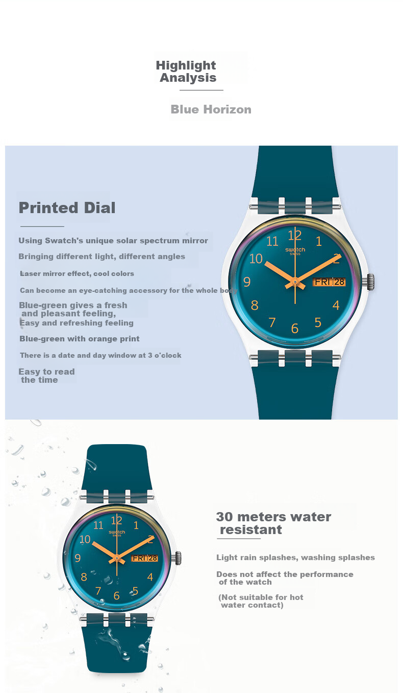 Swatch Swiss Watch, Calendar Watch for Middle And High School Exams, Original Series Men's Quartz Watch, Graduation Gift, Blue Horizo 2