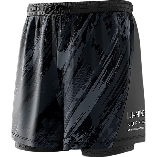 Li-Ning Swimming Trunks for Men, Two-In Anti-Embarrassment Quick-Dry Knee-Length Beach Shorts Swimwear Hot Spring Bathing Suit 0032 Black Blue L
