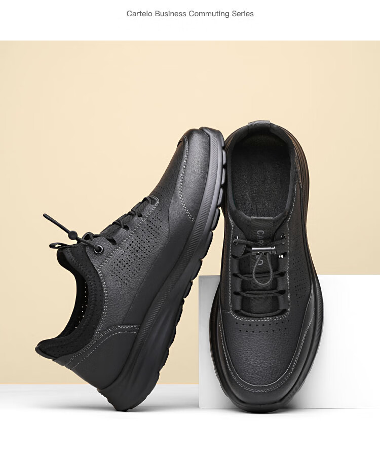 CARTELO Genuine Leather Men's Shoes, Business Casual Sports New Style for Autumn And Winter, Soft Thick-Soled Versatile Commuter Work High-End Black 14