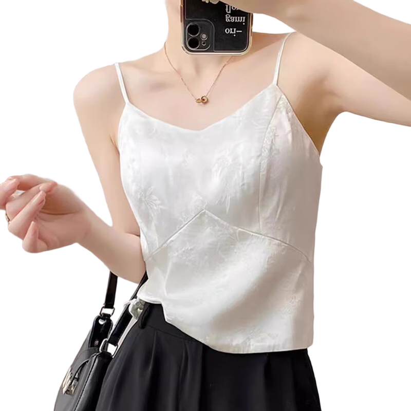 GUJIN Faux Silk Camisole for Women with Built-In Bra Pads, Jacquard Pattern, New Chinese Style Top, Inner Wear Or Outer Wear Vest for Women, Blazer Inner Layer