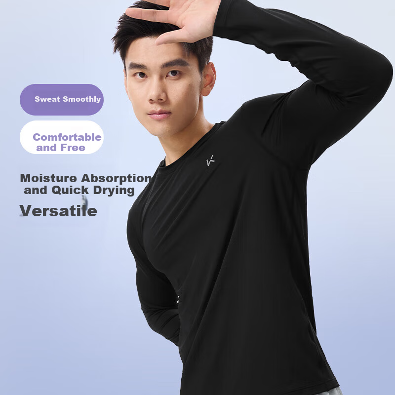 Keep Long Sleeve T-Shirt for Men, Spring Running Outdoor Fitness Sportswear, Quick-Dry Versatile Base Layer Top, Classic Black, L