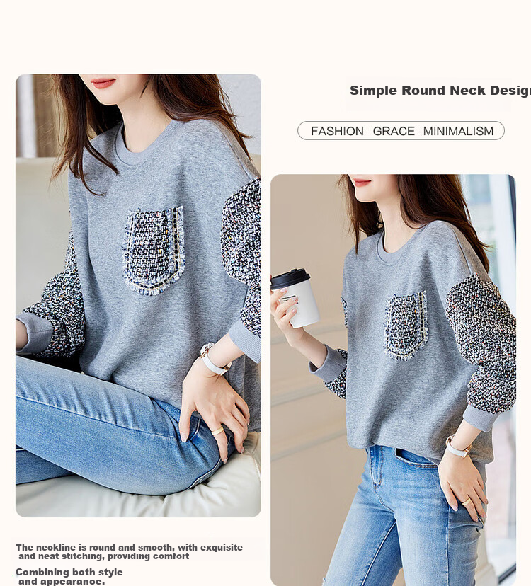 Dme Simple Color-Block Elegant Fleece-Lined Sweatshirt, Autumn And Winter Cotton Round Neck Loose Women's Top, Gray Fleece, XL 5