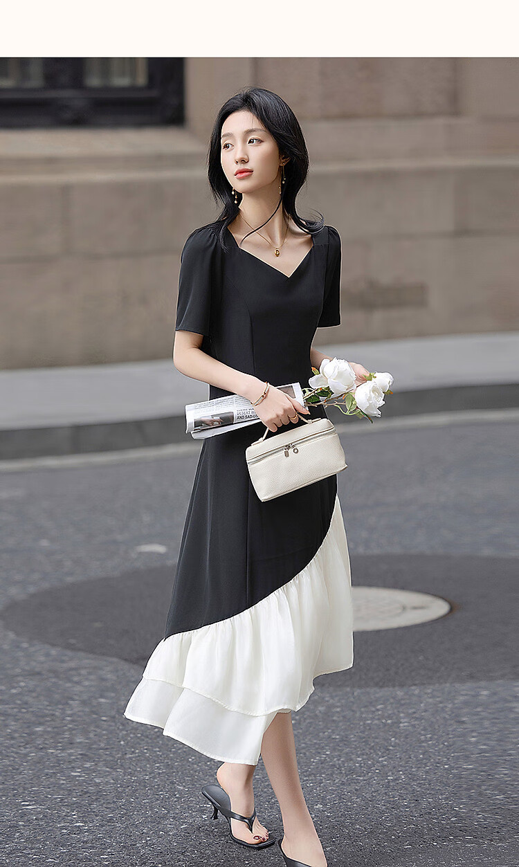 Dme [80D Random Mesh] Elegant Spliced Waist-Cinching Fish Tail Umbrella Skirt Short-Sleeve Contrasting Color Concealing Women's Dress 8