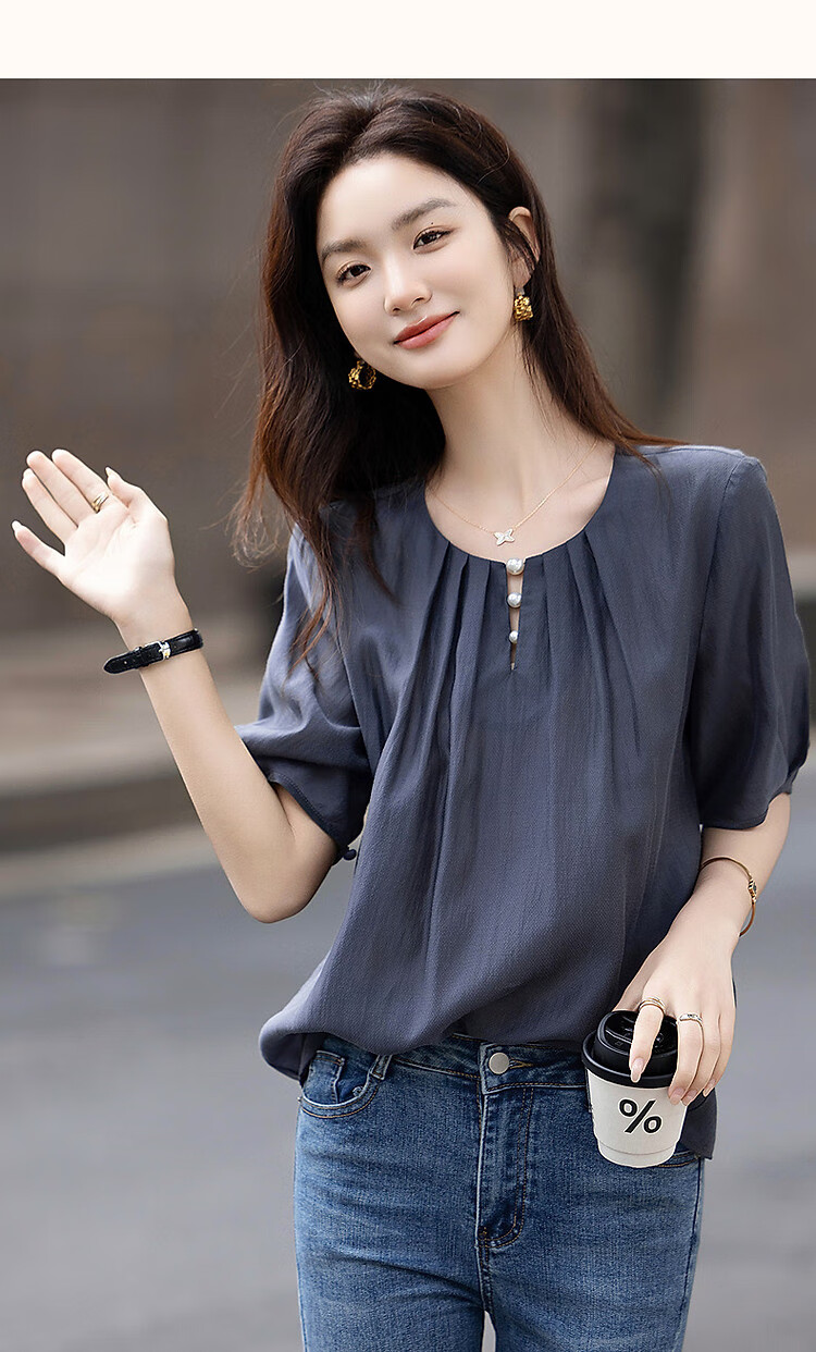 Dme [Selected Lyocell], Summer Pearl Decorated Round Neck Drip Button Shirt, Flowing Short-Sleeve Blouse, Women's Top 10