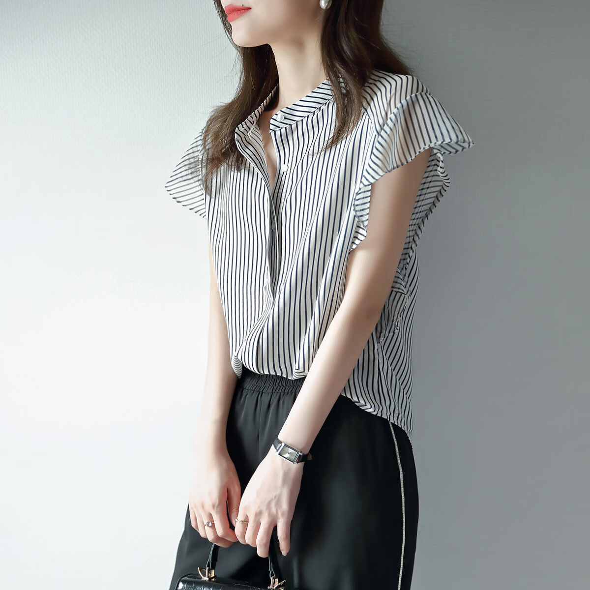 Dme [Half-Transparent Patchwork] Summer Chiffon Spliced Chiffon Pleated H-Shaped Ruffle Blouse for Wome 6