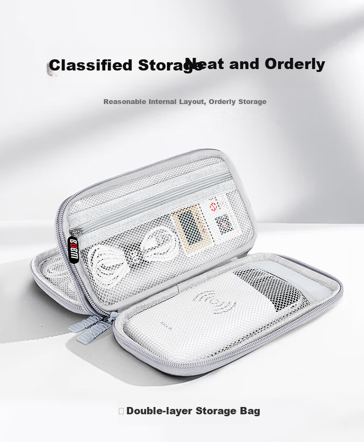 BUBM Power Bank Storage Pouch, Xiaomi 2 Romoss Portable Charger Protective Case, Multifunctional Cable Storage Box, Earphone And Digital Accessory Organizer Bag, Gray, Double-Layer 3
