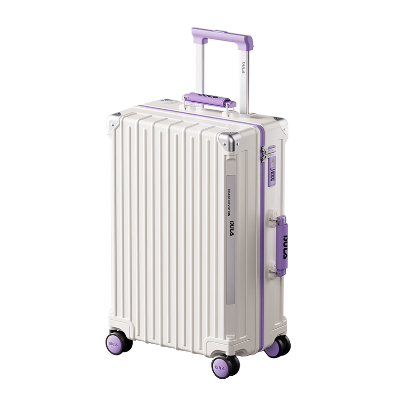 DULA Luggage, Stylish Multifunctional Suitcase with Cup Holder And USB Port, Travel Case with Password Lock, Elegant White And Purple, 24 Inches