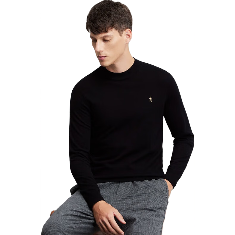 DANCING WOLVES Machine Washable Embroidered Crew Neck Knit Sweater Men Autumn Winter Warm Top 001 Black 180