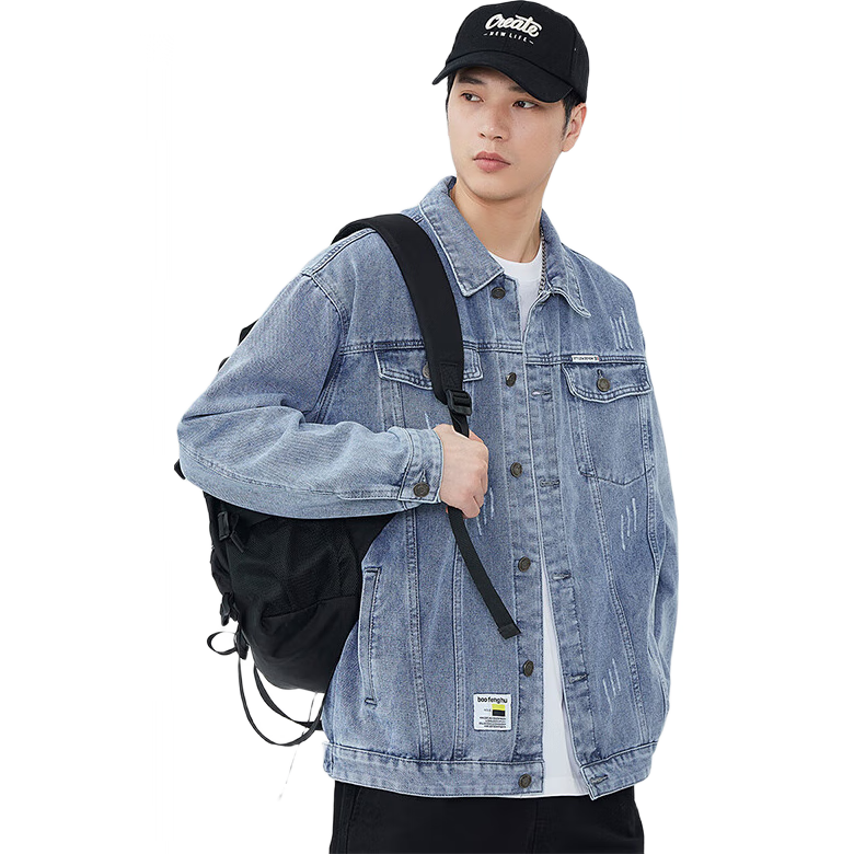 Jeanswest Denim Jacket for Men, 2026 Autumn Season, Trendy Brand Label, Loose-Fitting Versatile Clothing, Blue, 2XL
