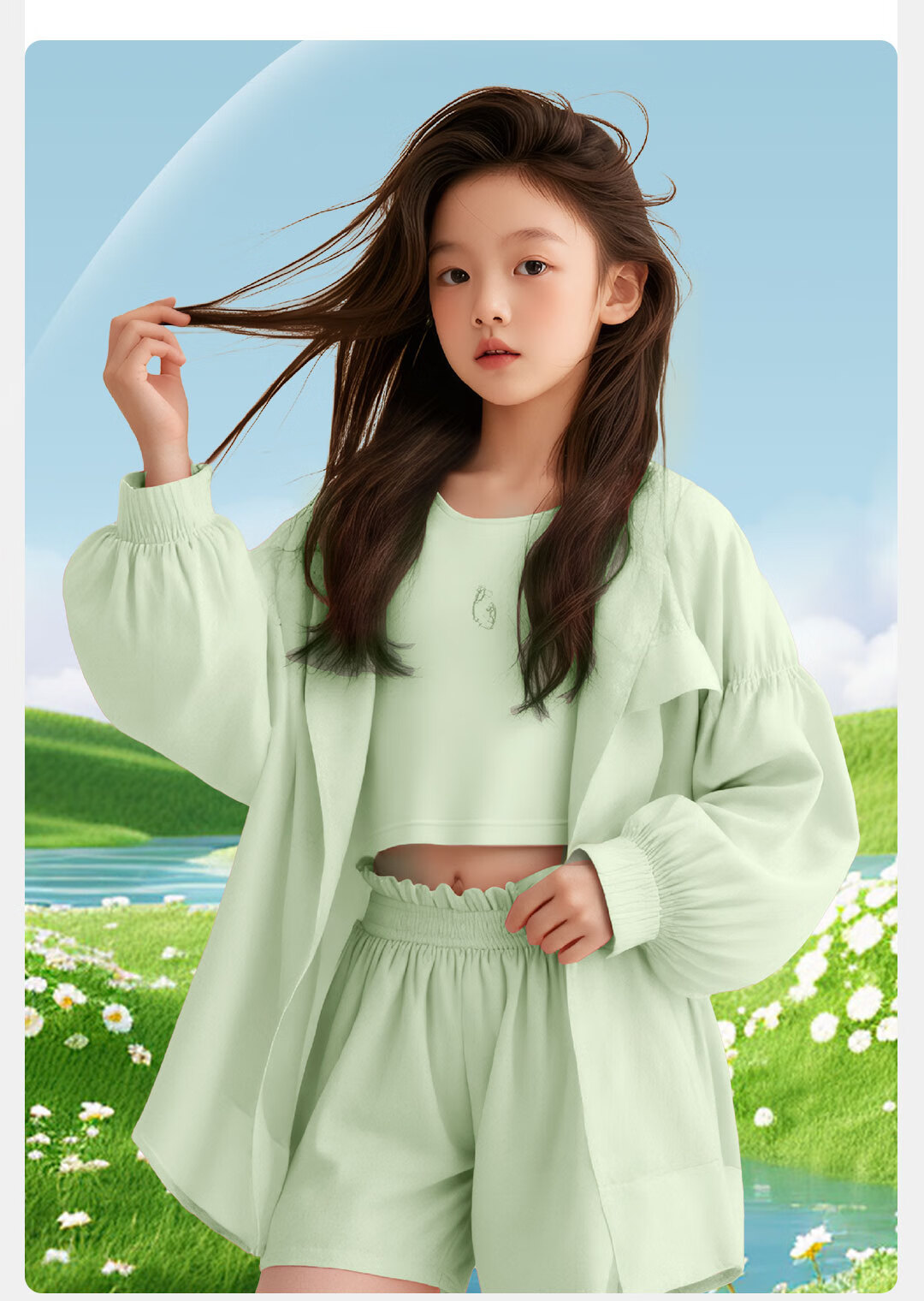 MARCOLOR Girls' Summer Sun Protection Clothing Set, Three-Piece Ice Silk Outfit for Older Children, Stylish Jacket, Off-White, Size 160 4