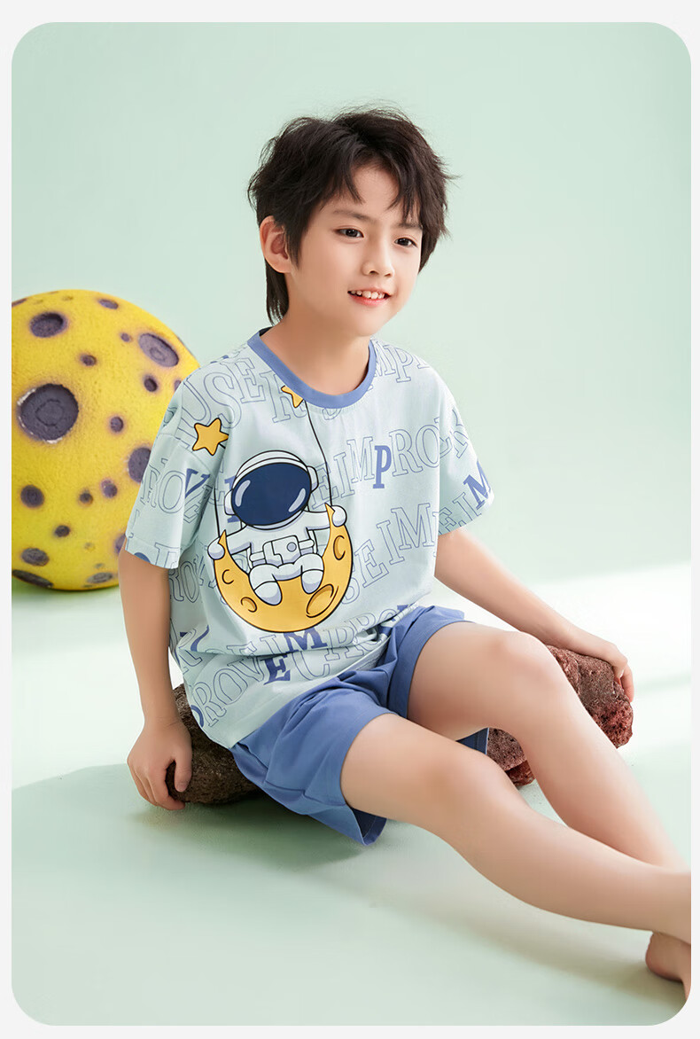 Fenteng Boys' Pajamas [Class A 7A Antibacterial] 100% Cotton Lightweight Children's Short Sleeve Air Conditioning Set 7