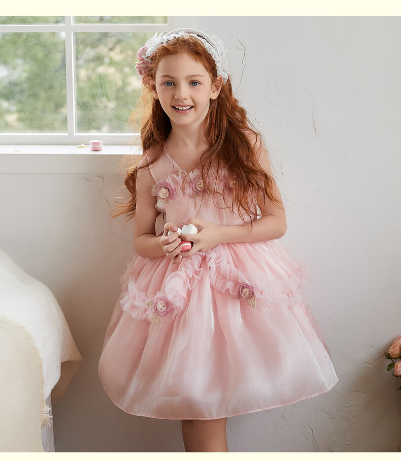 Follow Me Girls' Sleeveless Dress, Summer New Style Sweet Floral Princess Dress, Children's Formal Dress Tulle Skirt, Green, Size 160 10