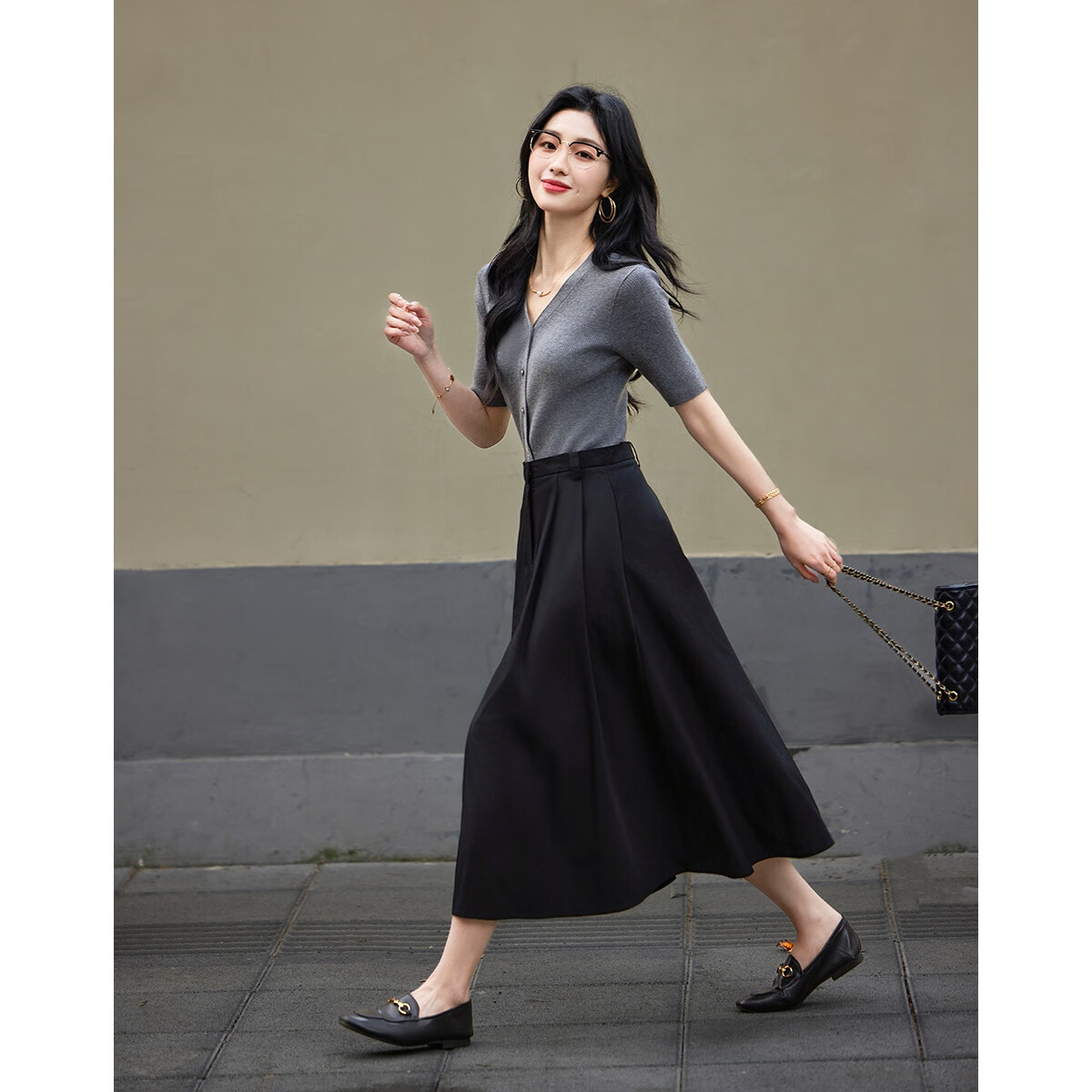 Dme [Containing Wool] Spring Elegant Faux Two-Piece Spliced V-Neck Short-Sleeve A-Line Bodycon Elegant Women's Dress